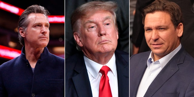 Former President Donald Trump, center, Florida Gov. Ron DeSantis, right, and California Gov. Gavin Newsom, left