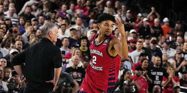 Florida Atlantic guard Nicholas Boyd celebrates after scoring against San Diego State during the first half of a Final Four game in the NCAA Tournament on Saturday, April 1, 2023, in Houston.