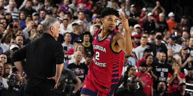 Florida Atlantic guard Nicholas Boyd celebrates after scoring against San Diego State during the first half of a Final Four game in the NCAA Tournament on Saturday, April 1, 2023, in Houston.