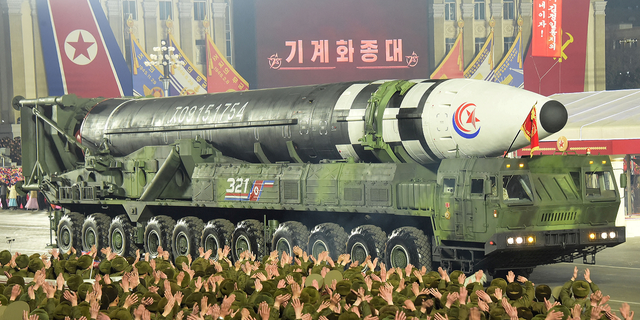 A missile is displayed during a military parade to mark the 75th founding anniversary of North Korea's army, in Pyongyang, North Korea, on Feb. 8, 2023.