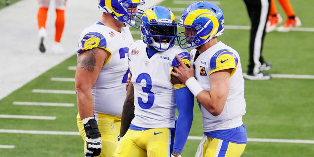 Odell Beckham Jr. #3 of the Los Angeles Rams reacts after scoring a touchdown with teammate Matthew Stafford #9 during Super Bowl LVI at SoFi Stadium on February 13, 2022 in Inglewood, California.