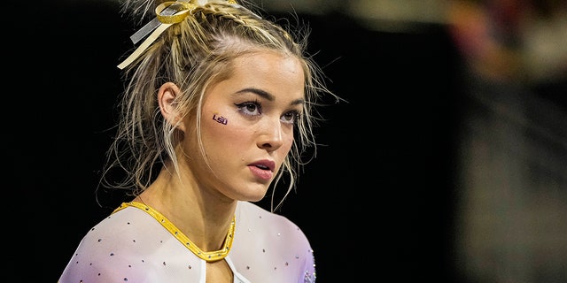 LSU Tigers gymnast Olivia Dunne during the SEC Gymnastics Championships at Gas South Arena in Duluth, Georgia on March 18, 2023.