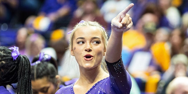 LSU Tigers gymnast Olivia Dunne during a match between the LSU Tigers and the West Virginia Mountaineers on March 10, 2023, at the Pete Maravich Assembly Center in Baton Rouge, Louisiana.
