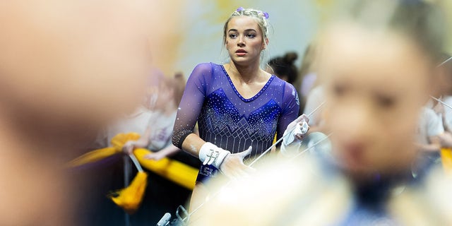 LSU Tigers gymnast Olivia Dunne during a meet against the West Virginia Mountaineers on March 10, 2023, in Baton Rouge, Louisiana.