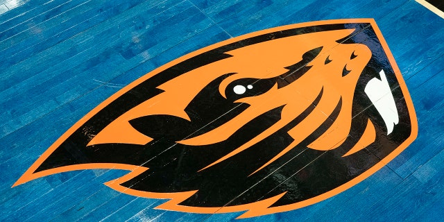 Oregon State logo on basketball court