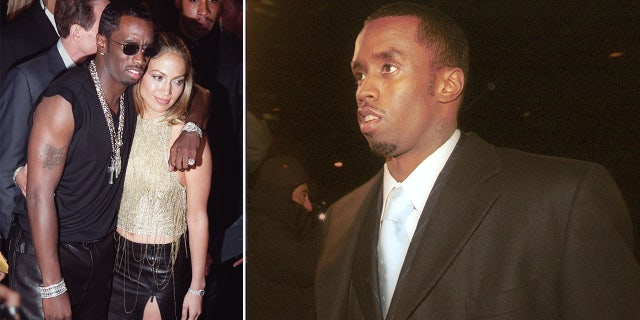 Sean "Puffy" Combs, right, leaves Manhattan Supreme Court on Jan. 29, 2001, in New York City after the first day of his trial for gun possession and bribery charges. Left, Combs and Jennifer Lopez arrive for the MTV Video Music Awards at the Metropolitan Opera House at Lincoln Center in New York on Sept. 9, 1999.