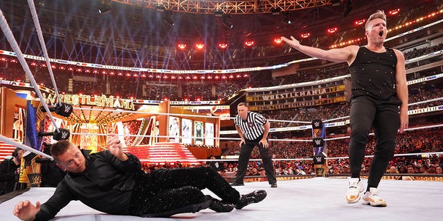 Pat McAfee taunts The Miz at WrestleMania 39.
