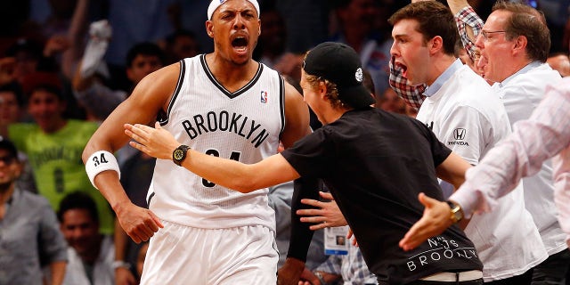 Paul Pierce of the Nets celebrates after a basket against the Miami Heat during the Eastern Conference semifinals at Barclays Center on May 12, 2014 in Brooklyn.