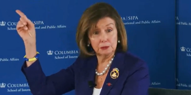 Nancy Pelosi speaks with Hillary Clinton about the state of democracy at a Columbia University School of International and Public Affairs (SIPA) event.