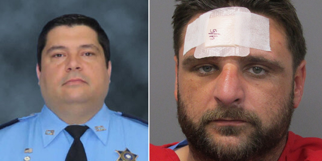 Det. Sgt. Nicholas Pepper of the Lafourche Parish Sheriff’s Office, left, and suspect Anthony Savoie.