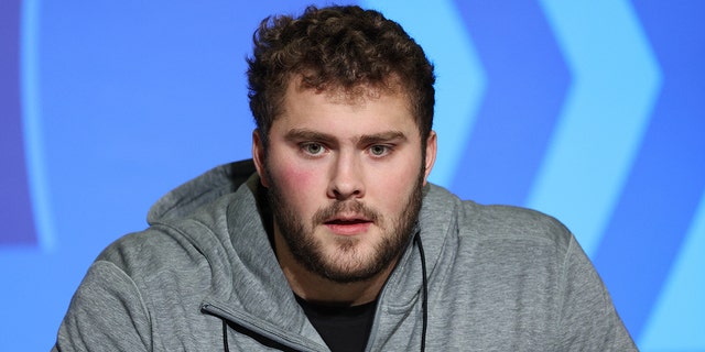 Peter Skoronski answers questions at NFL Combine