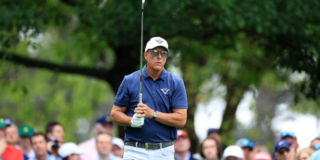 Phil Mickelson of the United States plays his tee shot on the fourth hole during the second round of the 2023 Masters Tournament at Augusta National Golf Club on April 7, 2023 in Augusta, Georgia.