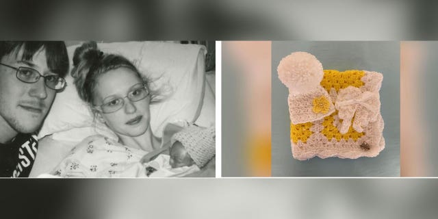 A photo of Robbie with mom and dad on the left and a hat and blanket of the right size for early-born babies on the right.
