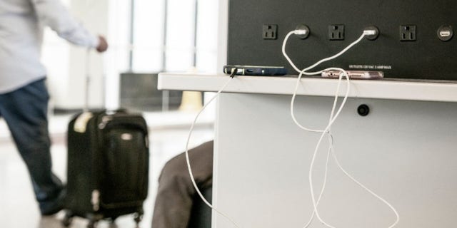 Free charging stations at an airport.