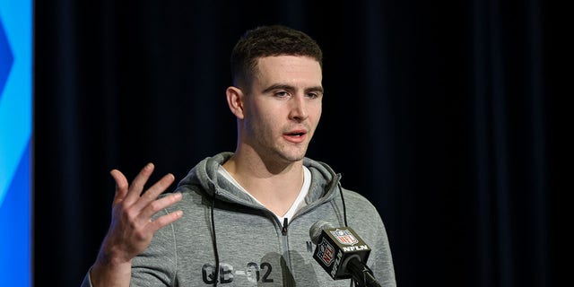 Georgia quarterback Stetson Bennett speaks to the media during the NFL Combine at Lucas Oil Stadium on March 3, 2023 in Indianapolis, Indiana. 