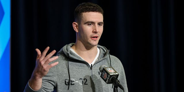 Quarterback Stetson Bennett of Georgia speaks to the media during the NFL Combine at Lucas Oil Stadium on March 3, 2023 in Indianapolis, Indiana.