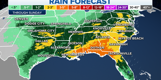 Rain forecast in the Gulf Coast and Southeast