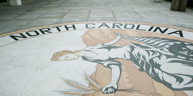 The great seal of North Carolina outside the state legislature building in Raleigh on May 9, 2016.