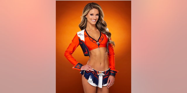 Berkleigh Wright in her Denver Broncos cheerleader outfit.