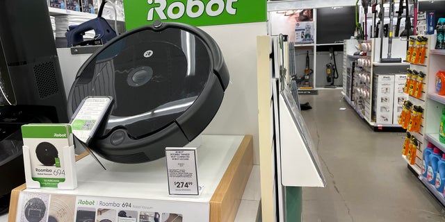 Roomba robot vacuums made by iRobot are displayed on a shelf at a Bed Bath and Beyond store on Aug. 5, 2022 in Larkspur, California.