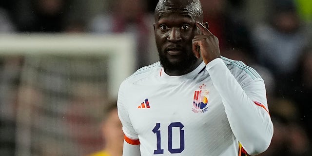 Belgium's Romelu Lukaku gestures as celebrates after scoring the second goal against Germany during the international friendly soccer match between Germany and Belgium in Cologne, Germany, Tuesday March 28, 2023.