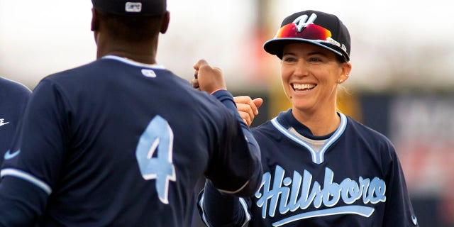 Ronnie Gajownik of the Hillsboro Hops greets players during a pregame ceremony before the Hillsboro Hops faced the Tri-City Dust Devils at Gesa Stadium Thursday, April 6, 2023, in Paseco, Wash. 