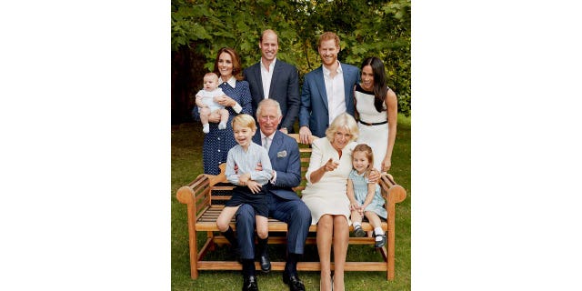 The Royal Family is photographed in a picture for King Charles' 70th birthday, with King Charles' and Camilla sit on a bench with Prince George and Princess Charlotte with Kate Middleton holding a baby Prince Louis next to Prince William next to Prince Harry and Meghan Markle