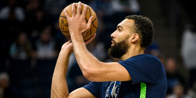 Rudy Gobert of the Minnesota Timberwolves before the New Orleans Pelicans game at Target Center on April 9, 2023, in Minneapolis.