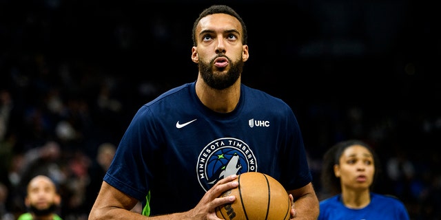 Rudy Gobert #27 of the Minnesota Timberwolves warms up before the game against the New Orleans Pelicans at Target Center on April 9, 2023 in Minneapolis, Minnesota.