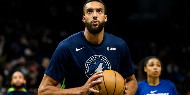 Rudy Gobert #27 of the Minnesota Timberwolves warms up before the game against the New Orleans Pelicans at Target Center on April 9, 2023 in Minneapolis, Minnesota.