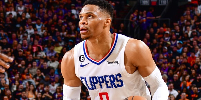 Russell Westbrook, #0 of the LA Clippers, goes to the basket during the game During round one game one of the 2023 NBA Playoffs on April 16, 2023 at Footprint Center in Phoenix.