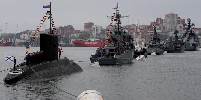 In this handout image supplied by Host photo agency / RIA Novosti, Pacific Fleet ships during the naval parade during the military parade to mark the 70th anniversary of Victory in the 1941-1945 Great Patriotic War, May 9, 2015 in Vladivostok , Russia.