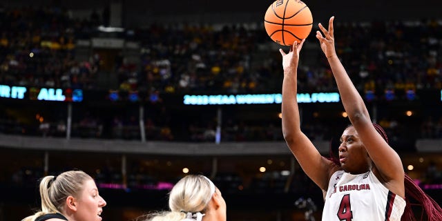 Aaliyah Boston (4) of the South Carolina Gamecocks shoots the Iowa Hawkeyes during the NCAA Tournament Four Finals Semifinals at the American Airlines Center on March 31, 2023 in Dallas. 