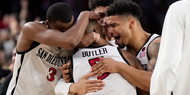 San Diego State reacts after their Final Four victory against Florida Atlantic on Saturday, April 1, 2023, in Houston.