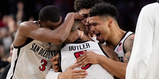 San Diego State reacts after their Final Four victory over Florida Atlantic on Saturday, April 1, 2023, in Houston.