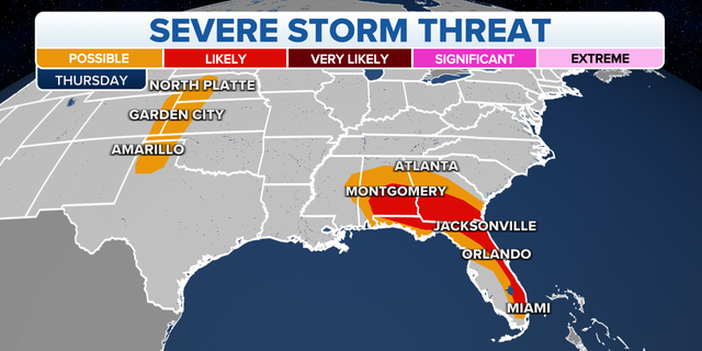 The threat of severe storms forecast in the Southeast, Gulf Coast and Florida