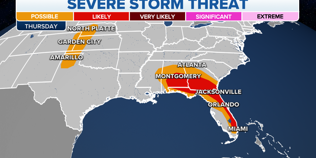 The threat of severe storms forecast in the Southeast, Gulf Coast and Florida