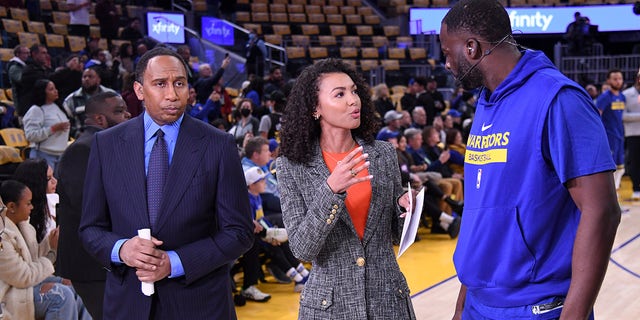 ESPN Analyst, Malika Andrews interviews Draymond Green #23 of the Golden State Warriors before the game against the Boston Celtics on December 10, 2022 at Chase Center in San Francisco, California.