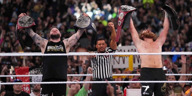 Apr 1, 2023; Inglewood, CA, USA; Sami Zayn (black pants) and Kevin Owens (black pants/black shirt) during Wrestlemania Night 1 astatine SoFi Stadium.