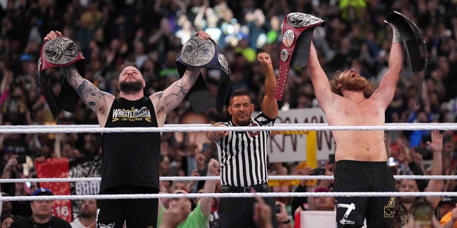 Apr 1, 2023; Inglewood, CA, USA; Sami Zayn (black pants) and Kevin Owens (black pants/black shirt) during Wrestlemania Night 1 at SoFi Stadium.