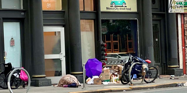 People inhabit encampments on the streets of San Francisco's Mission District.