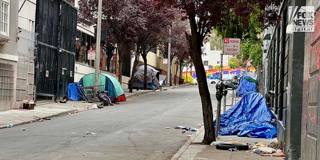 People inhabit encampments on the streets of San Francisco's Mission District.