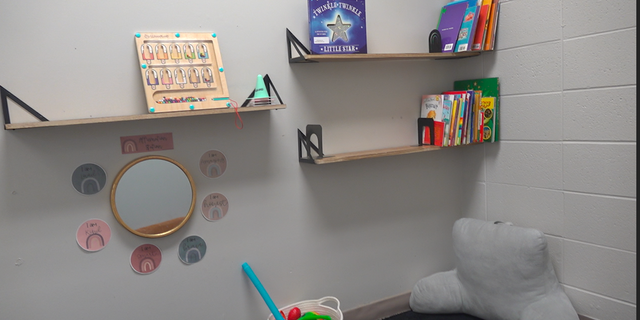 In this classroom, the teacher has the safe room set up as a reading or free time room. 