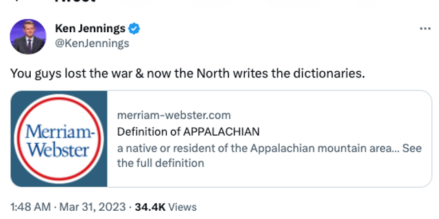 A "Jeopardy!" fan accused Ken Jennings of saying the word "Appalachian" incorrectly and he responded to them on Twitter.