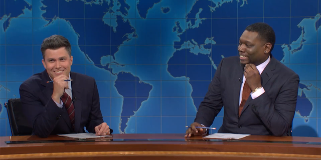 Colin Jost was pranked by his 'Weekend Update' co-host Michael Che on the April Fool's episode of "Saturday Night Live."