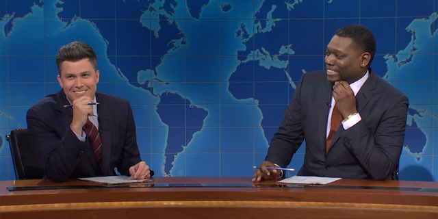 Colin Jost was pranked by his 'Weekend Update' co-host Michael Che on the April Fool's episode of "Saturday Night Live."