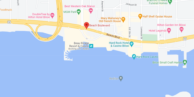 A map highlighting the area near where a shooting on April 16, 2023 left five victims, including a Biloxi police officer, injured. (Google Maps)