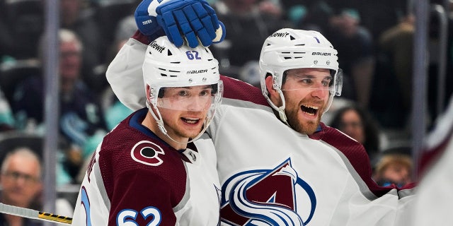 Colorado Avalanche players celebrates after a goal