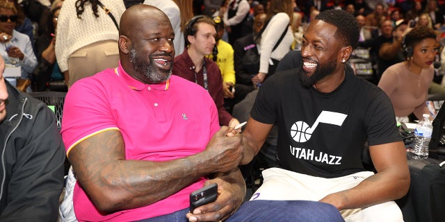 Shaquille O'Neal poses with Dwyane Wade at the Ruffles NBA All-Star Game as part of the 2023 NBA All Star Weekend on Friday, Feb. 17, 2023, at the John M.