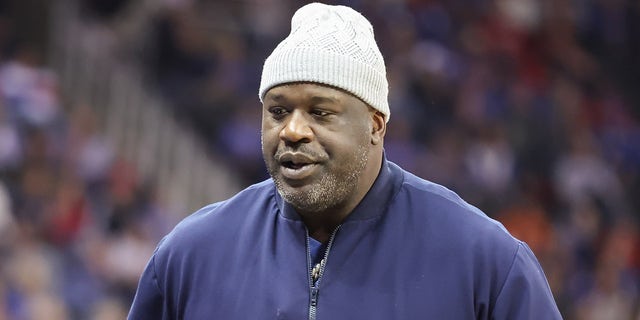 Shaquille ONeal attends the Big 12 basketball tournament championship game between the Texas Longhorns and Kansas Jayhawks on March 11, 2023 at T-Mobile Center in Kansas City, MO.